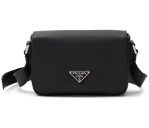 Saffiano-Schultertasche mit Triangel-Logo aus Emaille - Schwarz