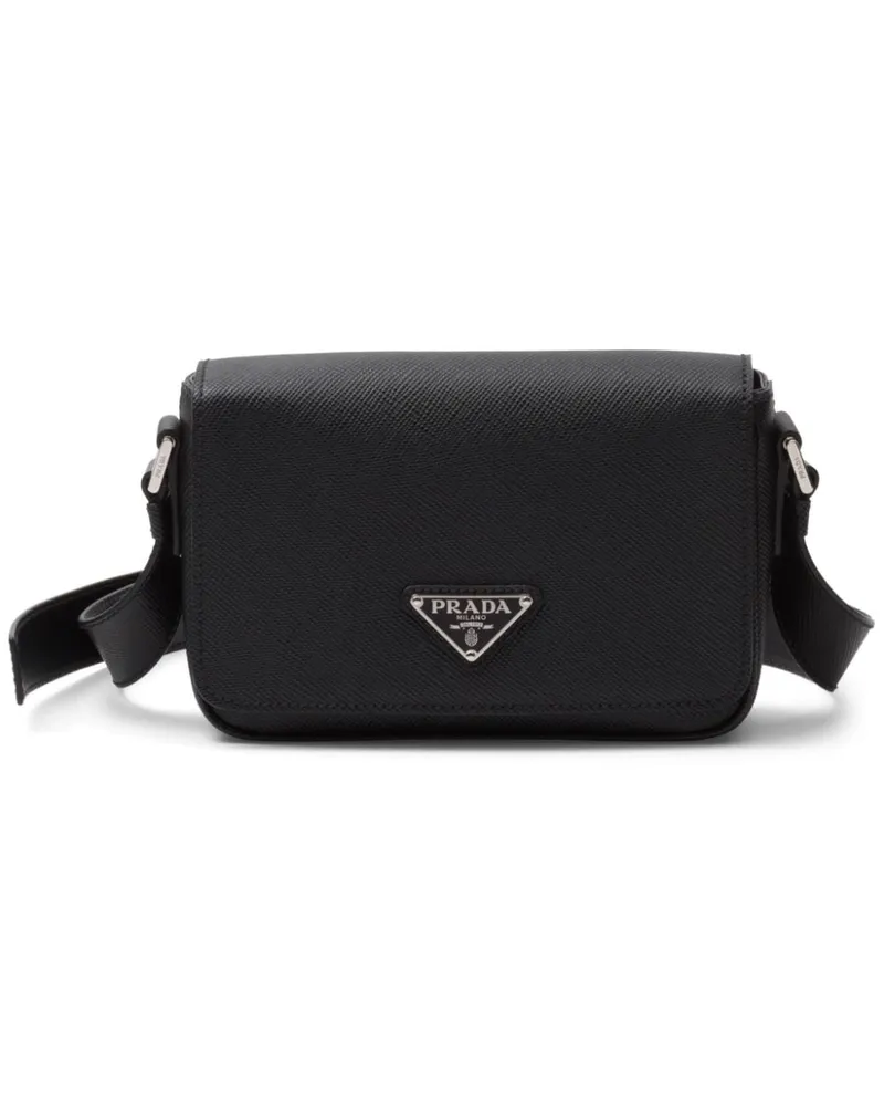 Prada Saffiano-Schultertasche mit Triangel-Logo aus Emaille - Schwarz Schwarz