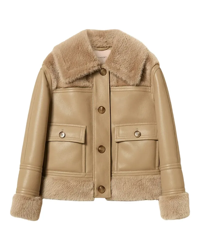 Twin-Set Lederjacke mit Faux Fur-Besatz - Nude Nude
