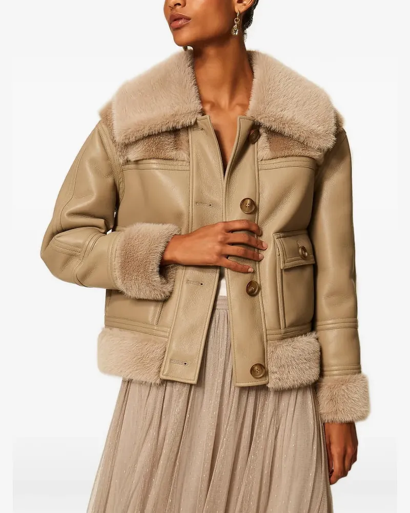 Twin-Set Lederjacke mit Faux Fur-Besatz - Nude Nude