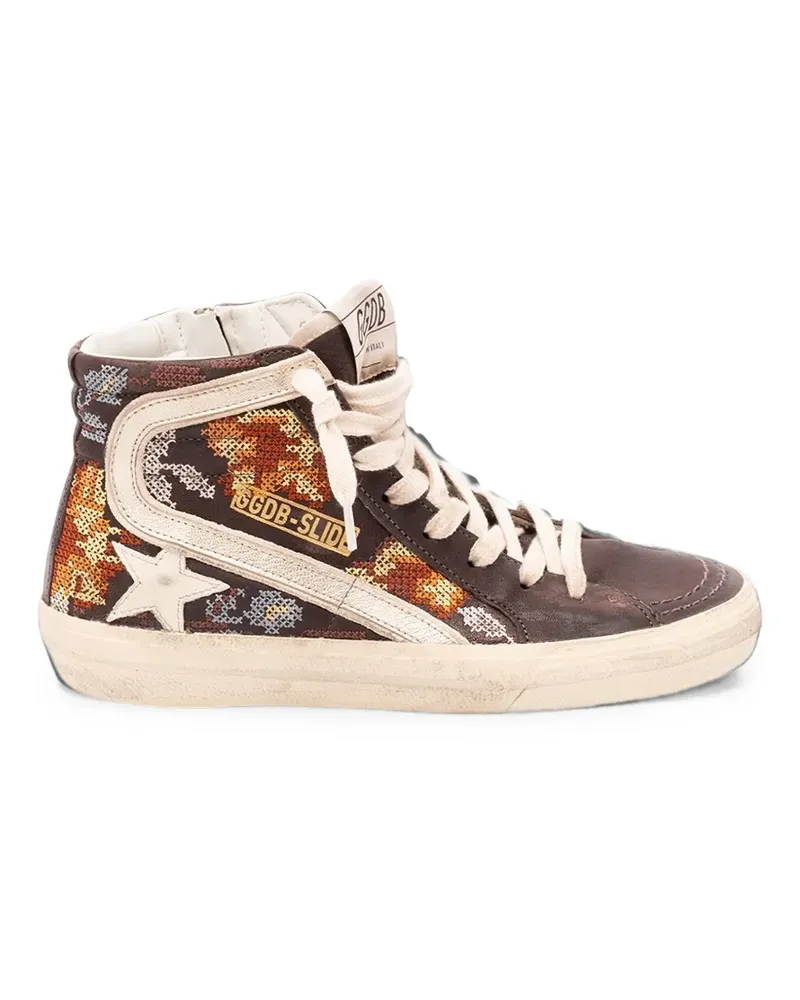 Golden Goose Slide in ebony leather with cream star and multicolor embroidery - Braun Braun