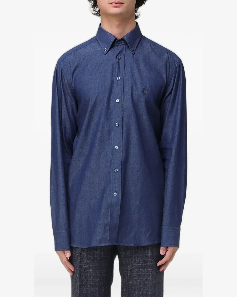 Etro button-down Pegasus-embroidered cotton shirt - Blau Blau
