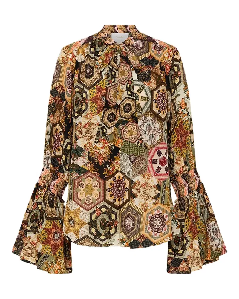 Camilla Stitched In Time Bluse mit Schleifenkragen - Braun Braun