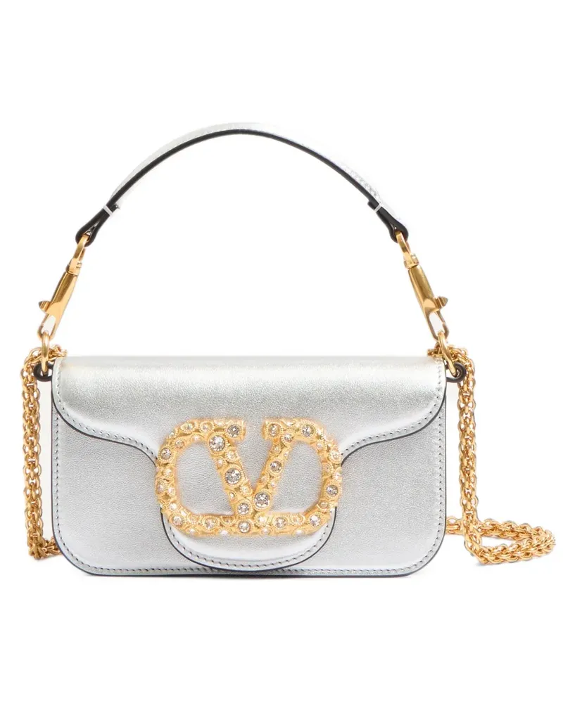Valentino Garavani Kleine Locò Schultertasche aus laminiertem Kalbsleder mit Juwelenlogo - Silber Silber