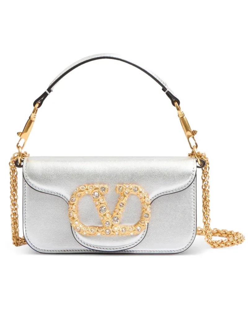 Valentino Garavani Kleine Locò Schultertasche aus laminiertem Kalbsleder mit Juwelenlogo - Silber Silber