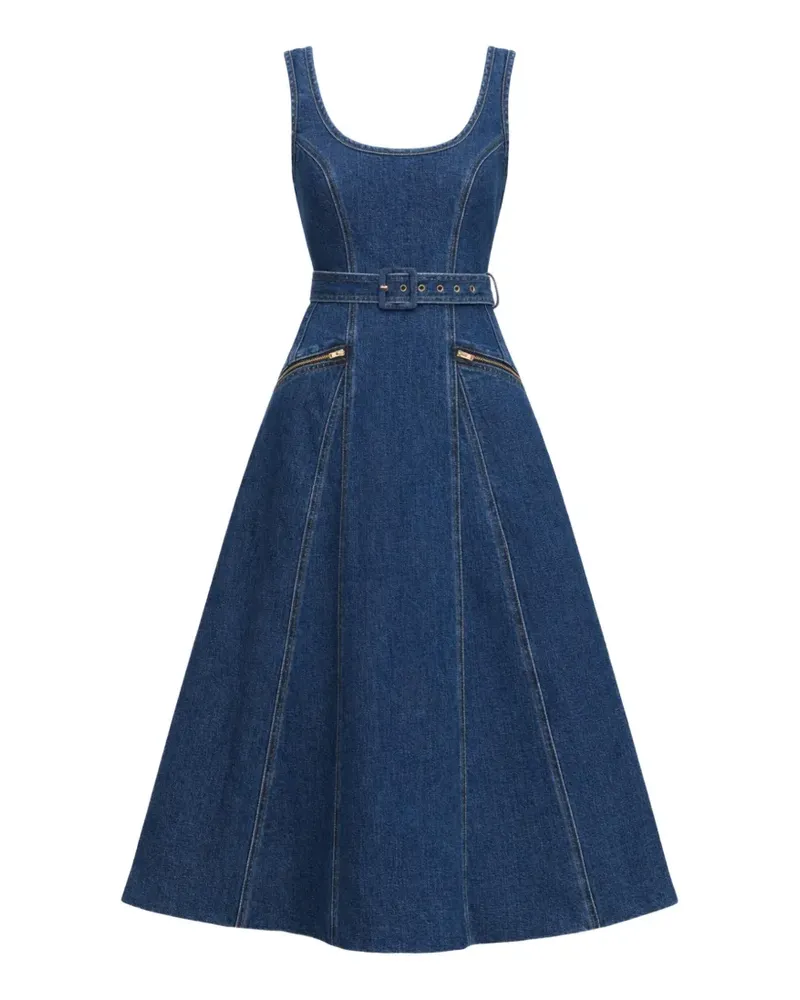 Self-Portrait belt-detail flared midi denim dress - Blau Blau