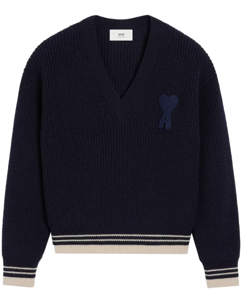 AMI Paris Gerippter Pullover mit V-Ausschnitt - Blau Blau