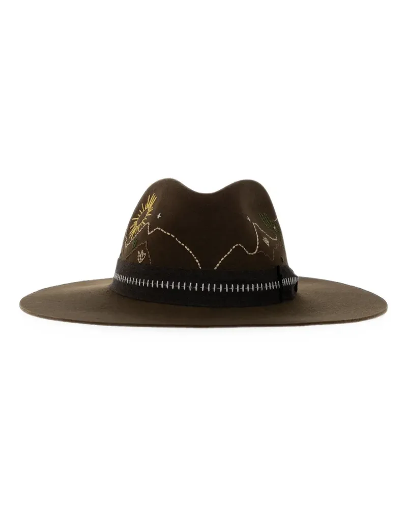 Golden Goose olive-green fedora hat with brown ribbon and desert-themed embroidery - Braun Braun