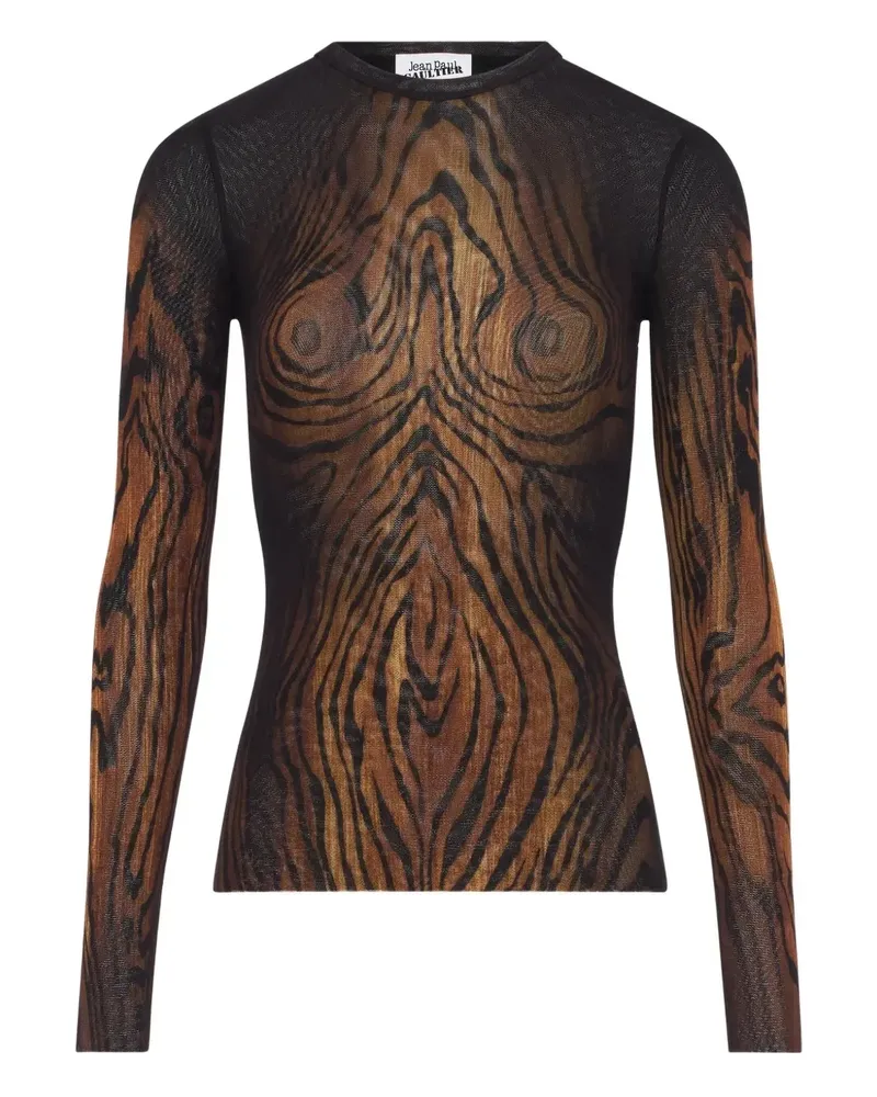 Jean Paul Gaultier Mesh-Oberteil mit Holz-Print - Schwarz Schwarz