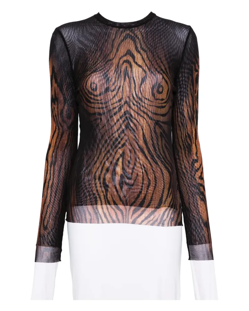Jean Paul Gaultier Mesh-Oberteil mit Holz-Print - Schwarz Schwarz