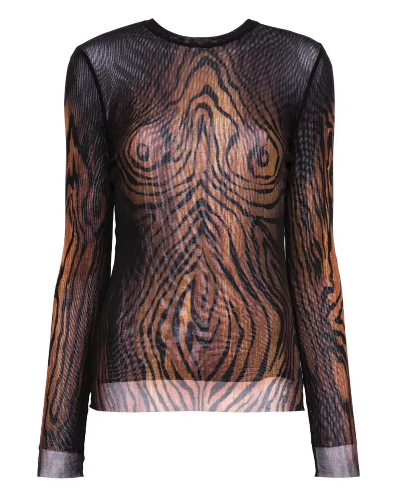 Jean Paul Gaultier Mesh-Oberteil mit Holz-Print - Schwarz Schwarz