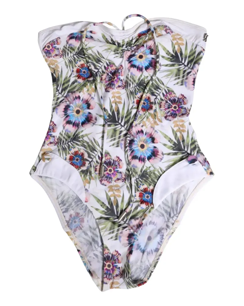 John Galliano floral-print strapless swimsuit - Weiß Weiß