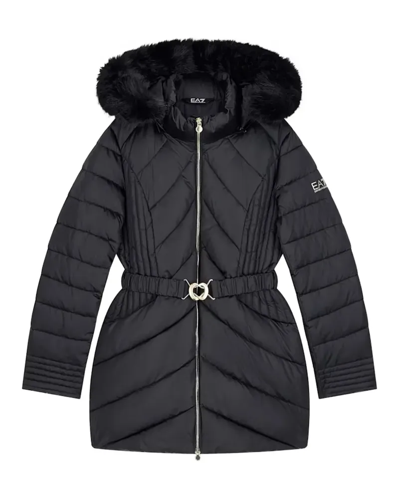 EA7 Wattierter Mantel mit Gürtel und Faux Fur-Besatz - Schwarz Schwarz