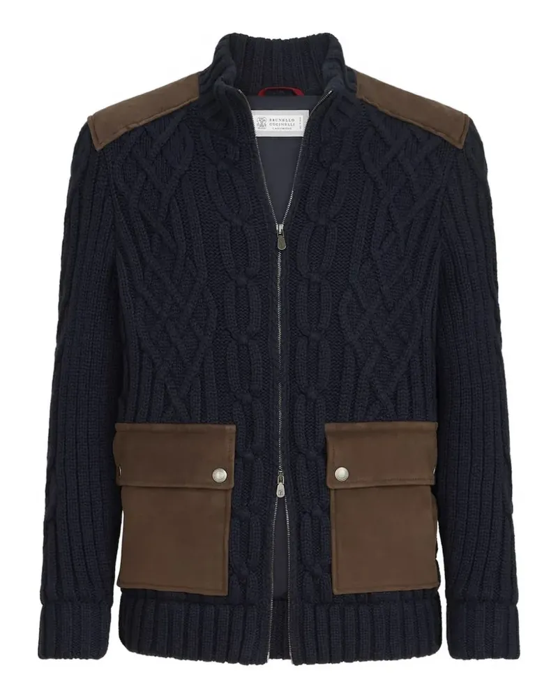 Brunello Cucinelli Cardigan mit Zopfmuster aus Kaschmirgarn mit Wildledereinsätzen und Reißverschluss - Blau Blau