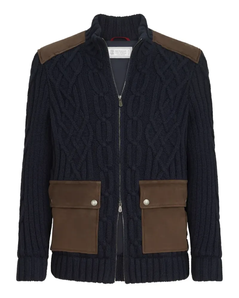Brunello Cucinelli Cardigan mit Zopfmuster aus Kaschmirgarn mit Wildledereinsätzen und Reißverschluss - Blau Blau