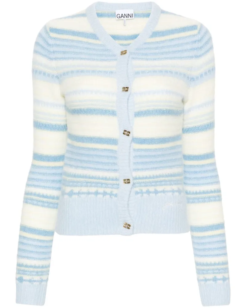 Ganni Gestreifter Cardigan mit V-Ausschnitt Blau