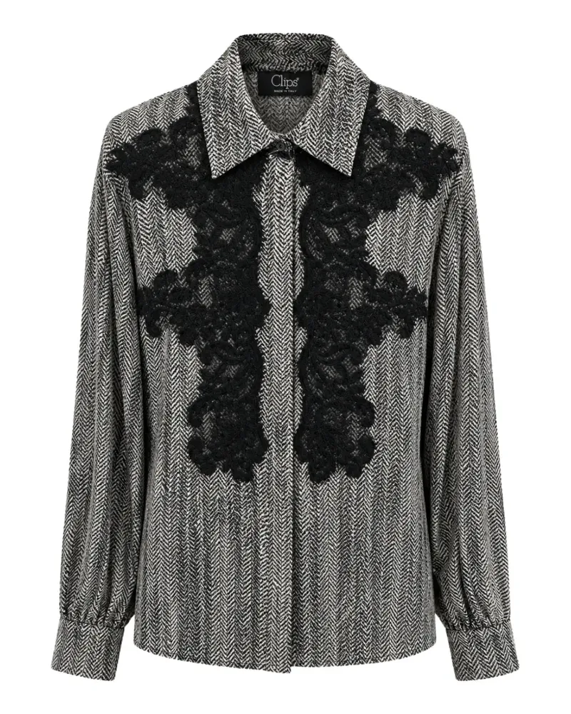 Clips lace-appliqué herringbone-pattern shirt - Grau Grau