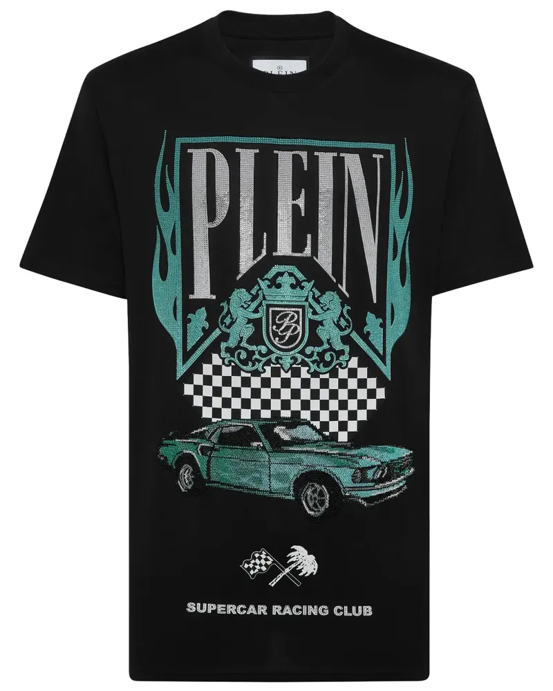 Philipp Plein Strass Flame Racing T-Shirt - Schwarz Schwarz