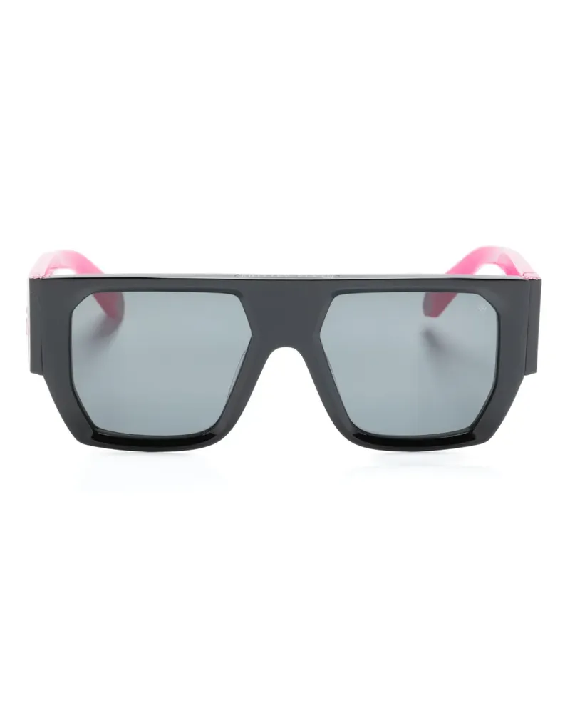 Philipp Plein Eckige Sonnenbrille mit Logo - Schwarz Schwarz