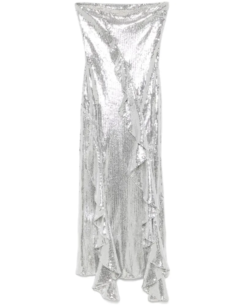 ROTATE Birger Christensen Pailletten-Maxikleid mit Rüschen - Silber Silber