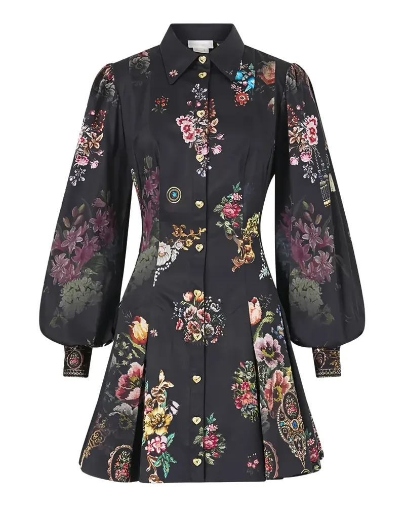 Camilla floral-print pleated mini shirt dress - Schwarz Schwarz