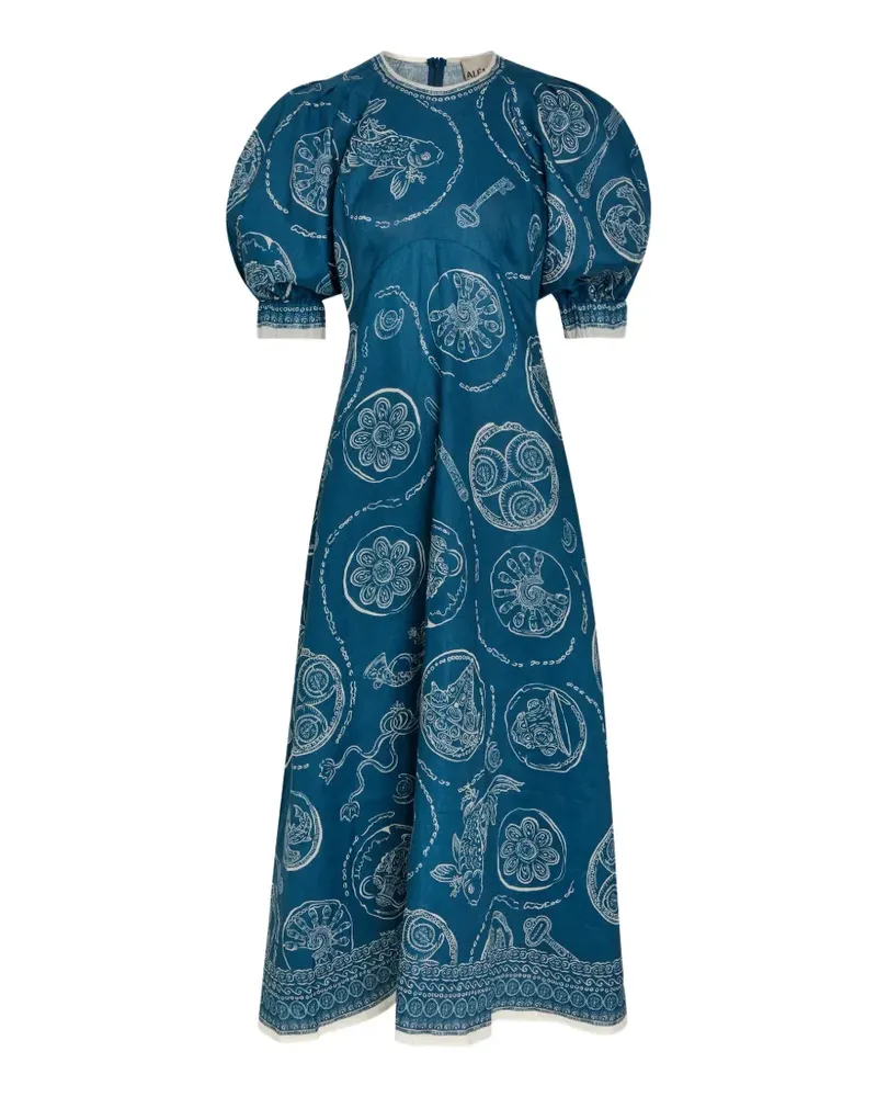 ALEMAIS Lucky graphic-print puff-sleeve midi dress - Blau Blau