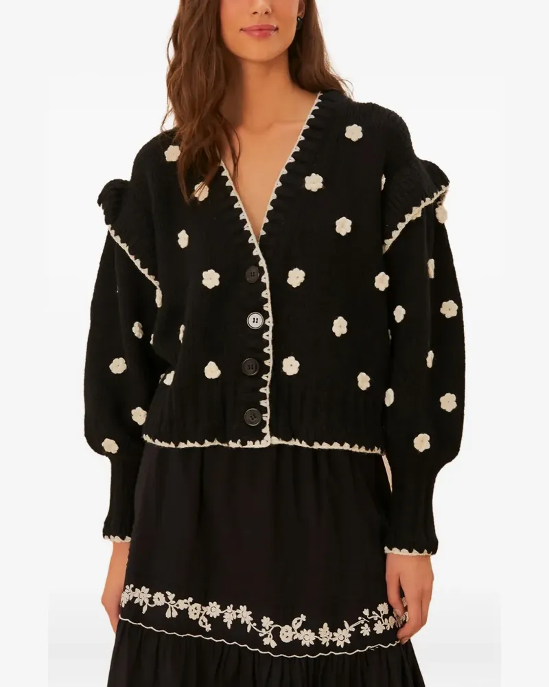 FARM Rio Gerüschter Cardigan mit Blumendetail - Schwarz Schwarz