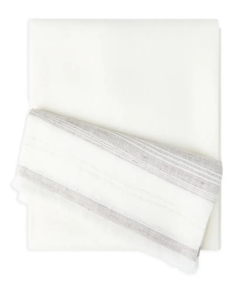 Brunello Cucinelli Gestreifter Leinenschal mit Stickerei - Weiß Weiß