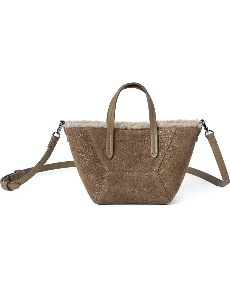 Brunello Cucinelli Funkelnde Duo Mini-Tasche aus strukturiertem Leder mit Merino-Shearling-Futter und Monili - Braun Braun