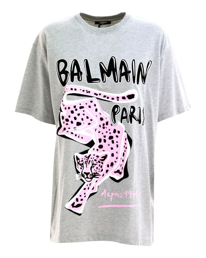 Balmain leopard-graphic T-shirt - Grau Grau