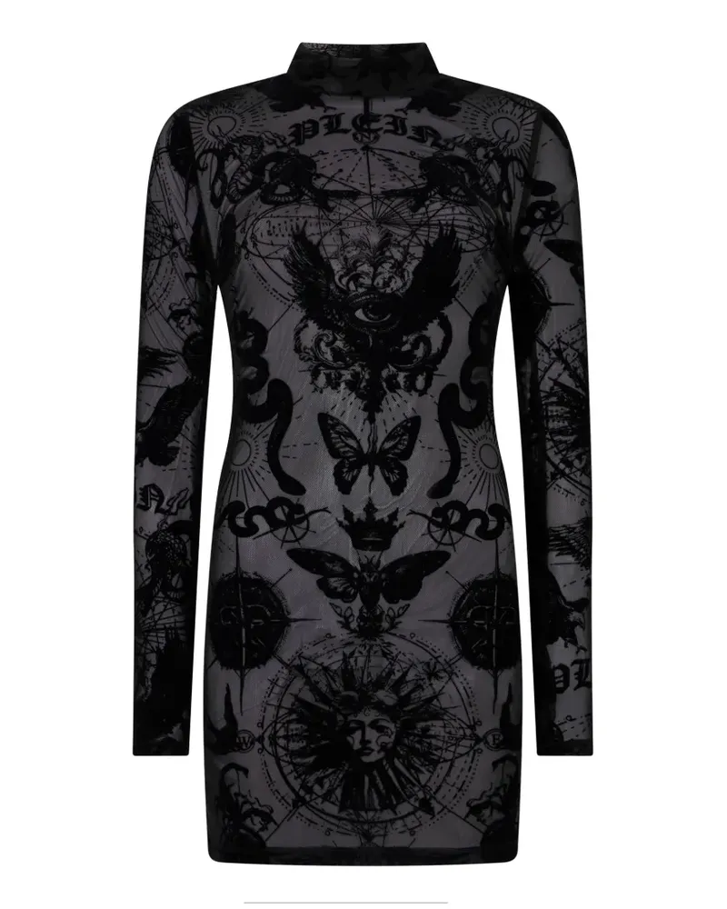Philipp Plein long-sleeve butterfly-tattoo mini dress - Schwarz Schwarz