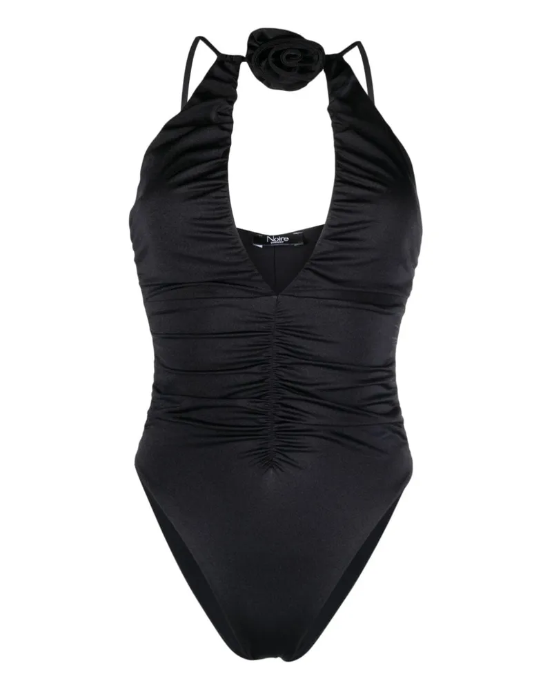 Noire Swimwear Geraffter Badeanzug mit Blumenapplikation - Schwarz Schwarz