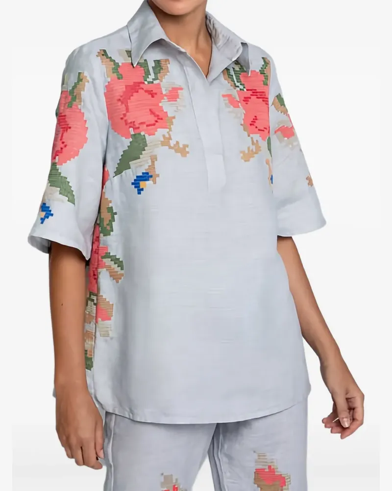 Greek Archaic Kori Bluse mit Blumenstickerei - Grau Grau