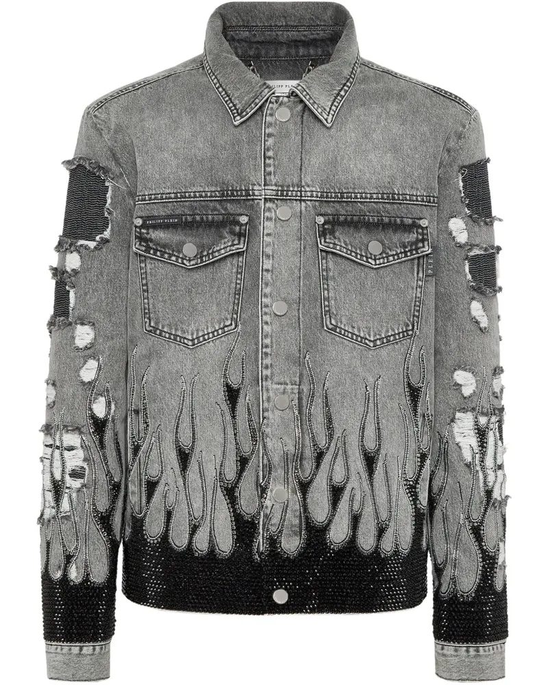 Philipp Plein Strass Flame Jeansjacke im Oversized-Look - Grau Grau