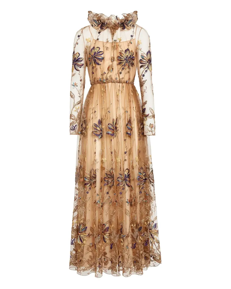 Giambattista Valli Gerüschtes Tüll-Midikleid mit Blumenstickerei - Braun Braun