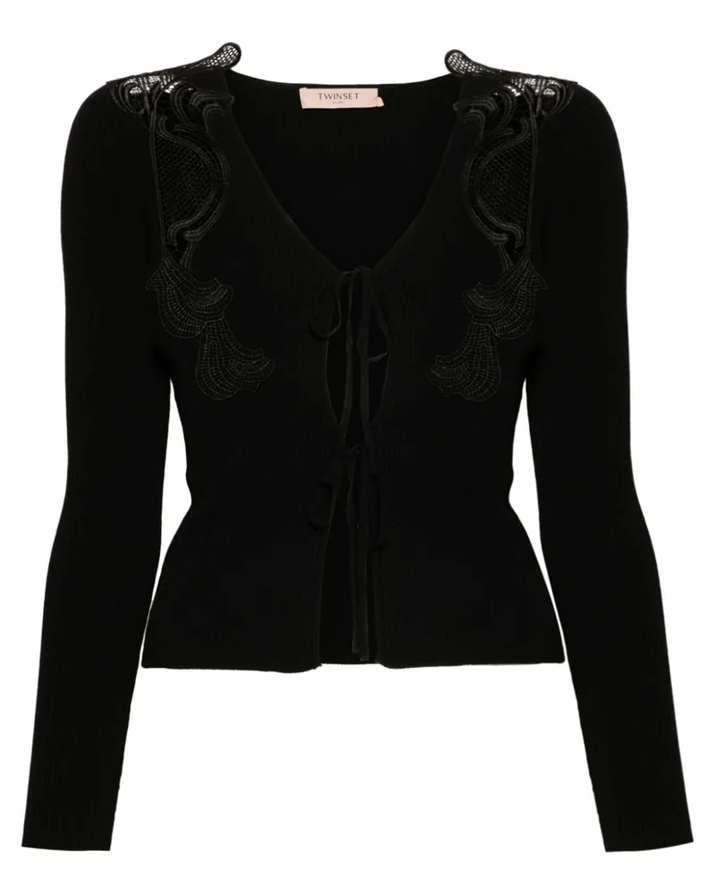 Twin-Set Gerippter Cardigan mit Spitzeneinsätzen - Schwarz Schwarz