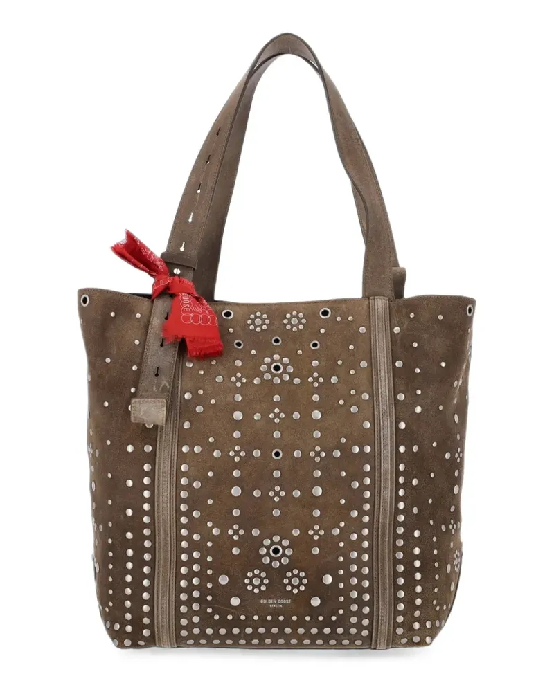 Golden Goose 24/7 EW Regular Tasche aus militärgrünem Wildleder mit silbernen Nieten und Ösen Grün