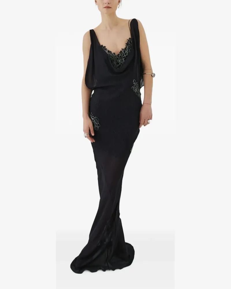 De La Vali Gerüschtes Emerald Maxikleid mit Spitze - Schwarz Schwarz