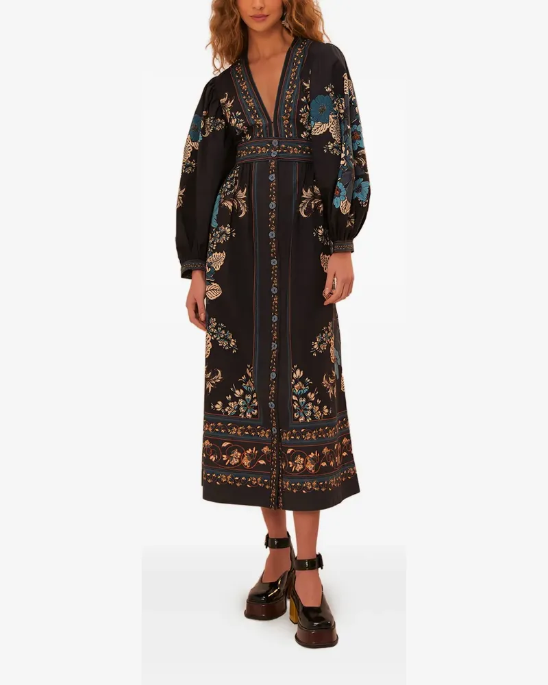 FARM Rio Blossom Tapestry Midikleid mit Blumen-Print - Schwarz Schwarz