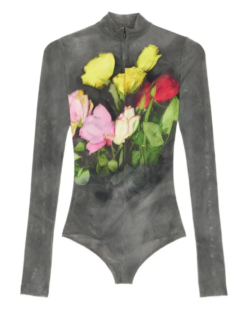MSGM floral-print zip bodysuit - Schwarz Schwarz