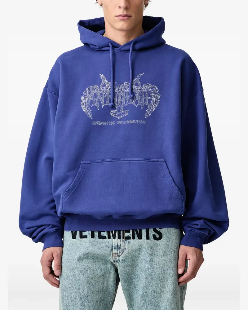 VETEMENTS Anithate graphic-print distressed hoodie - Blau Blau