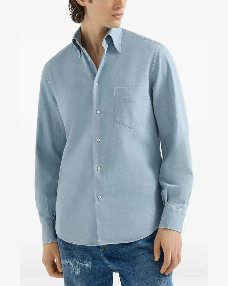 Brunello Cucinelli Leichtes Jeanshemd mit italienischem Kragen und Brusttasche - Blau Blau