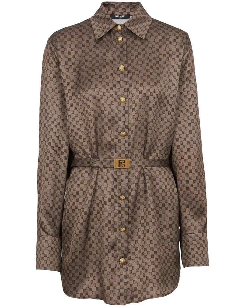 Balmain Seidenhemd mit Monogramm-Print - Braun Braun