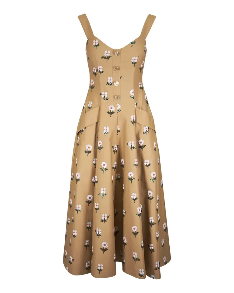 Talbot Runhof floral-embroidered button-front midi dress - Nude Nude