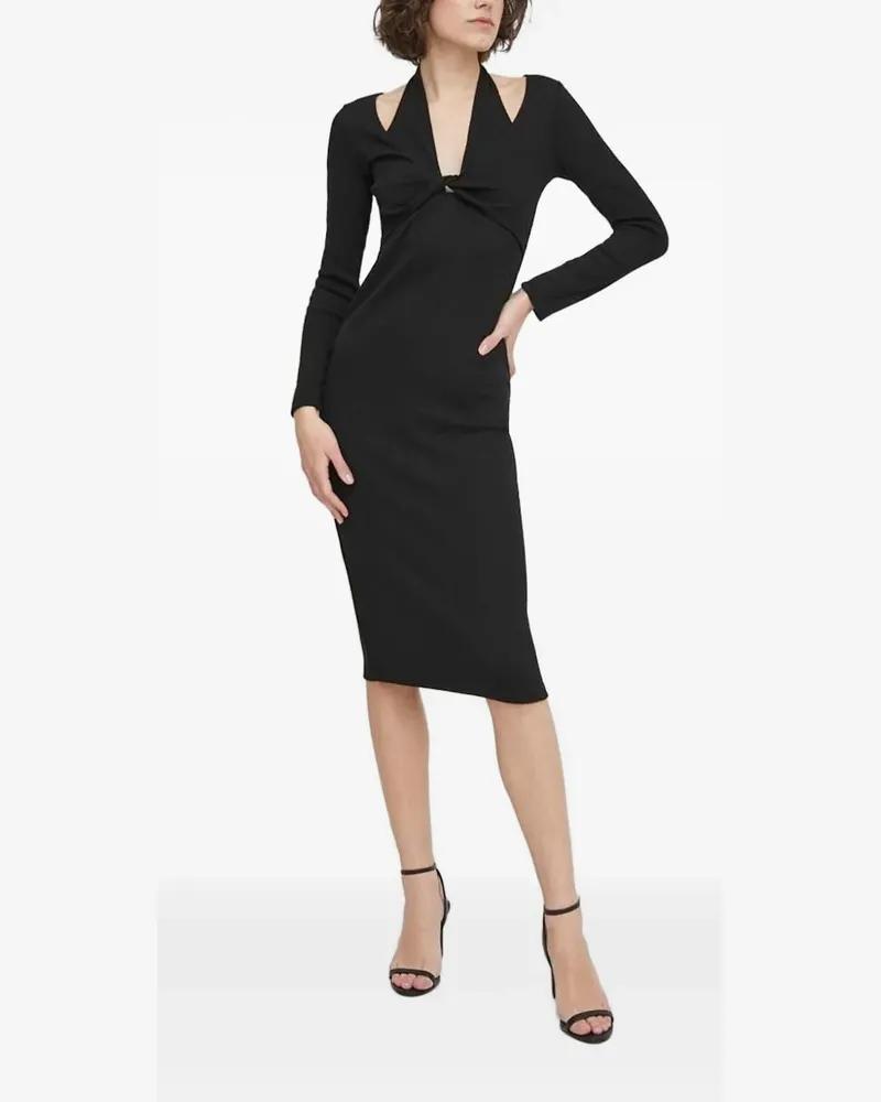 Sisley Geripptes Kleid mit verdrehtem Kragen - Schwarz Schwarz