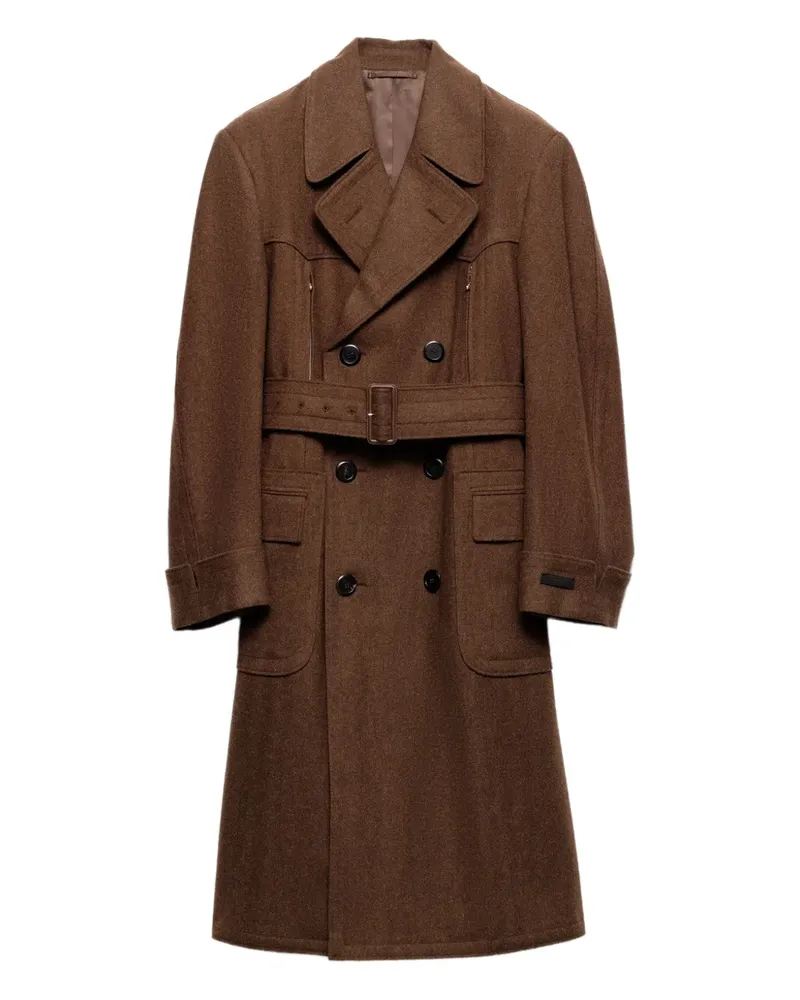 Prada Doppelreihiger Wollmantel mit Gürtel - Braun Braun