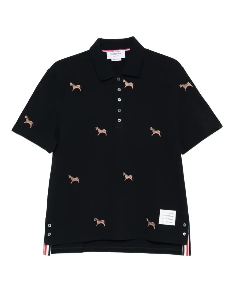 Thom Browne horse-embroidery short-sleeve polo shirt - Blau Blau