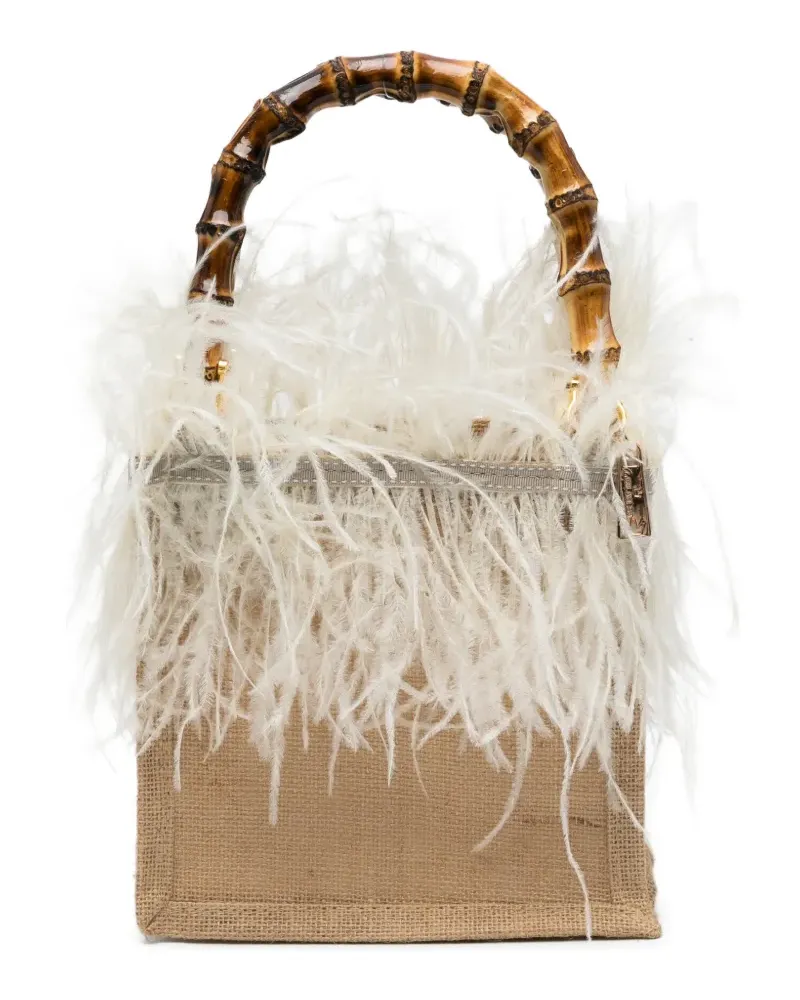 La Milanesa small Violetta feather bamboo-handle tote bag - Nude Nude