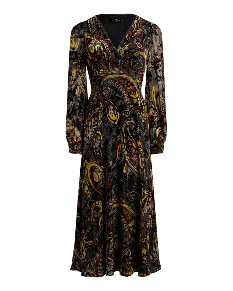 Etro midi wrap dress in burnout velvet with floral Paisley motif - Schwarz Schwarz