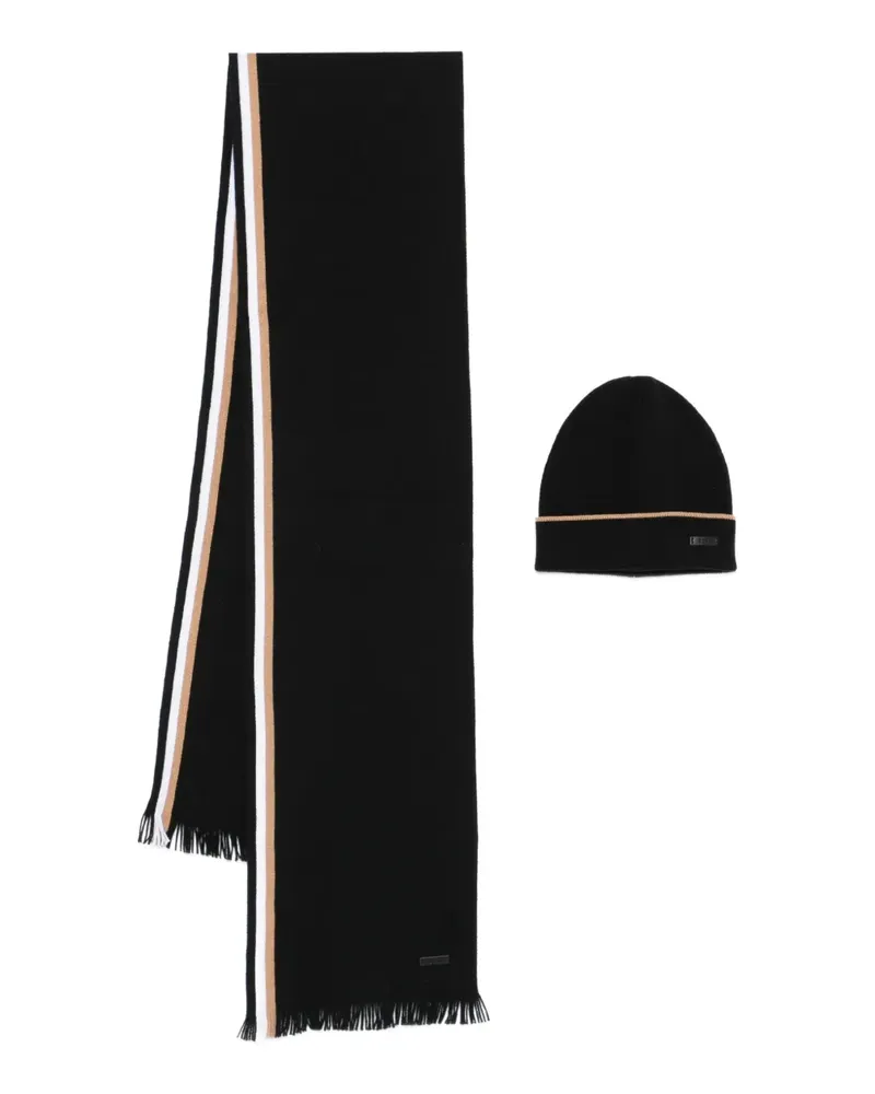 HUGO BOSS Gestreiftes Beanie-Set mit Fransen - Schwarz Schwarz